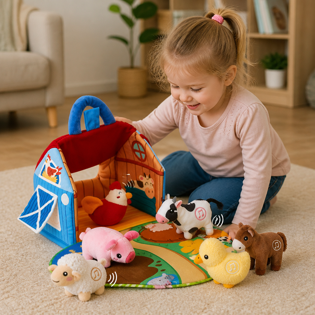 Farm Animal Plush Playset – Interactive Learning Toy with Portable Playhouse