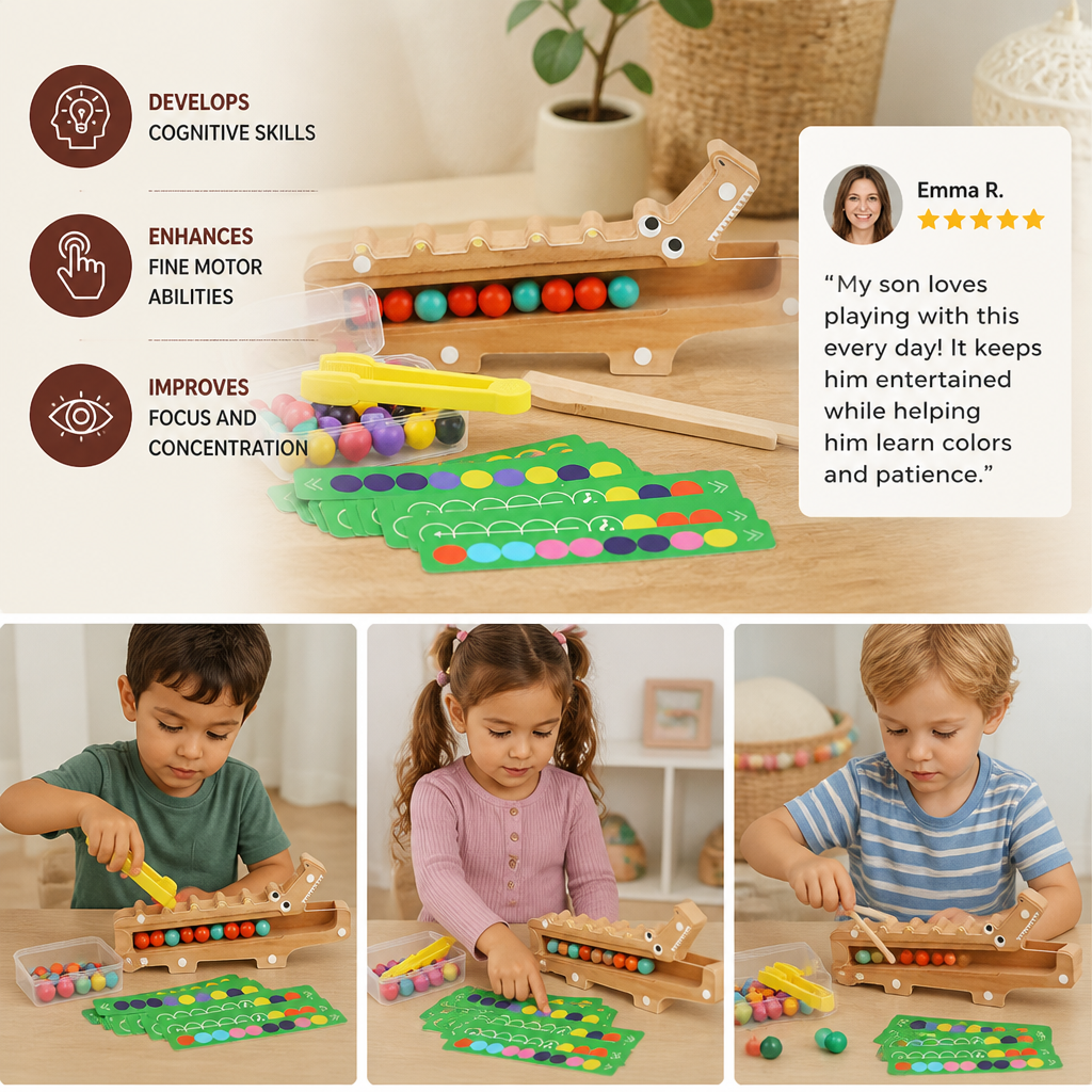 Crocodile Color Game – Educational Game with Sorting Cards and Wooden Toy