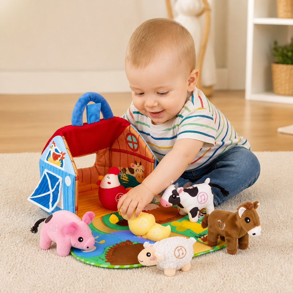 Farm Animal Plush Playset – Interactive Learning Toy with Portable Playhouse