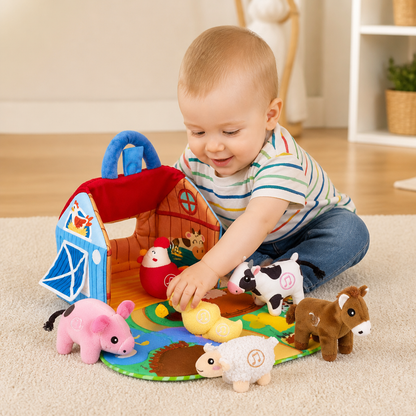 Farm Animal Plush Playset – Interactive Learning Toy with Portable Playhouse
