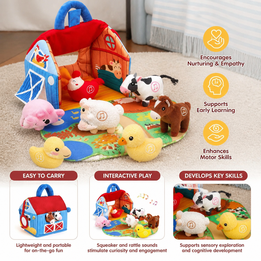 Farm Animal Plush Playset – Interactive Learning Toy with Portable Playhouse
