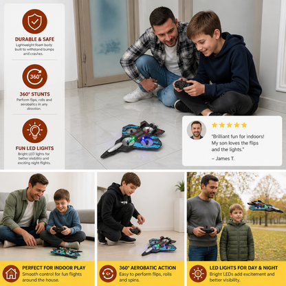 Durable Foam RC Fighter Jet Drone for Indoor & Outdoor Flying – 360° Flips & LED Lights