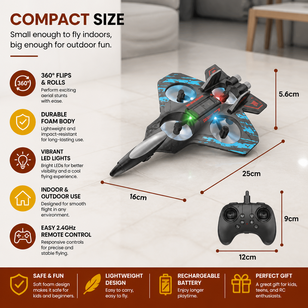 Durable Foam RC Fighter Jet Drone for Indoor & Outdoor Flying – 360° Flips & LED Lights