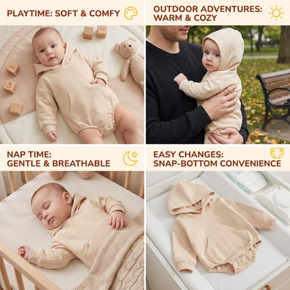 Hooded Baby Romper – Soft Long Sleeve Onesie with Front Pocket