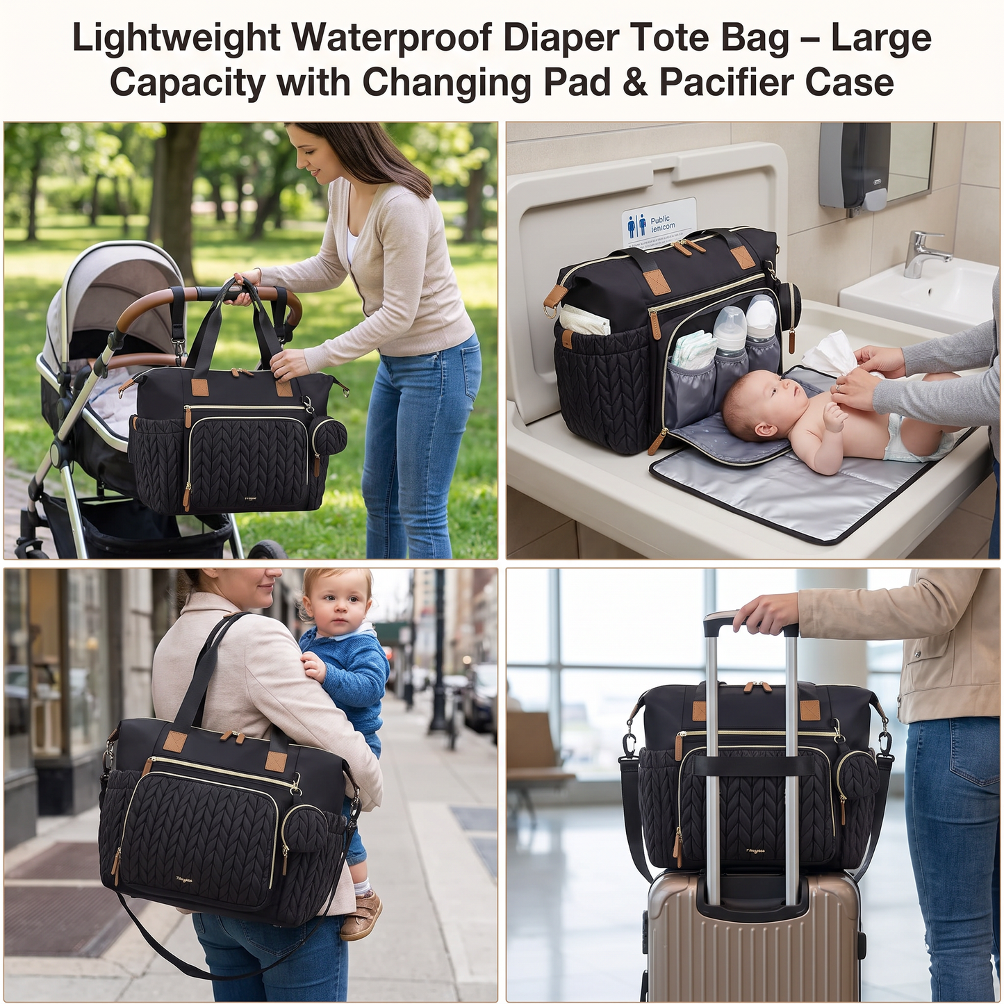 Lightweight Waterproof Diaper Tote Bag – Large Capacity with Changing Pad & Pacifier Case
