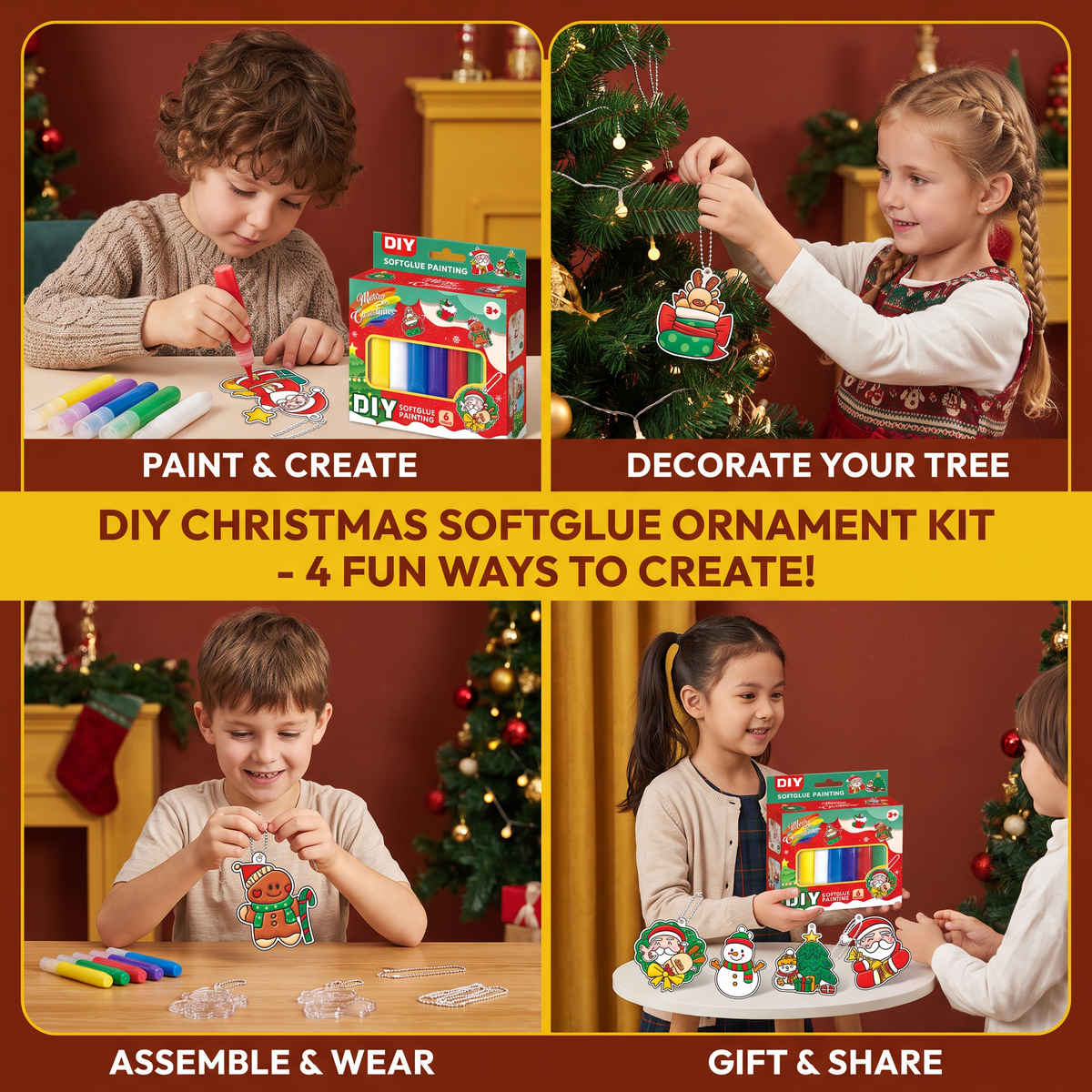 DIY Christmas No-Bake Glue Painting Ornament Craft Kit for Kids