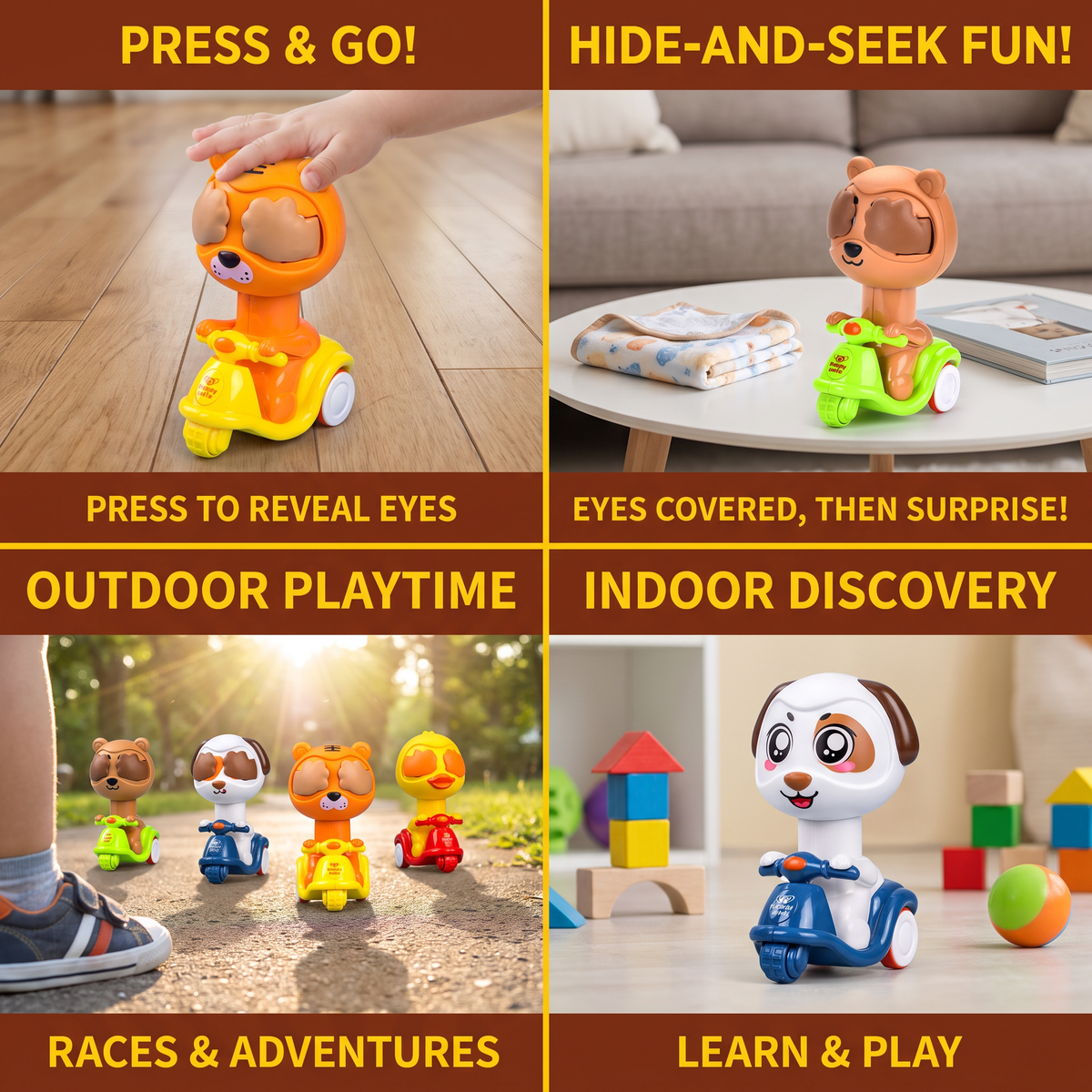 Press & Go Animal Motorcycle Toy – Cute Hide-and-Seek Character Car
