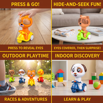 Press & Go Animal Motorcycle Toy – Cute Hide-and-Seek Character Car