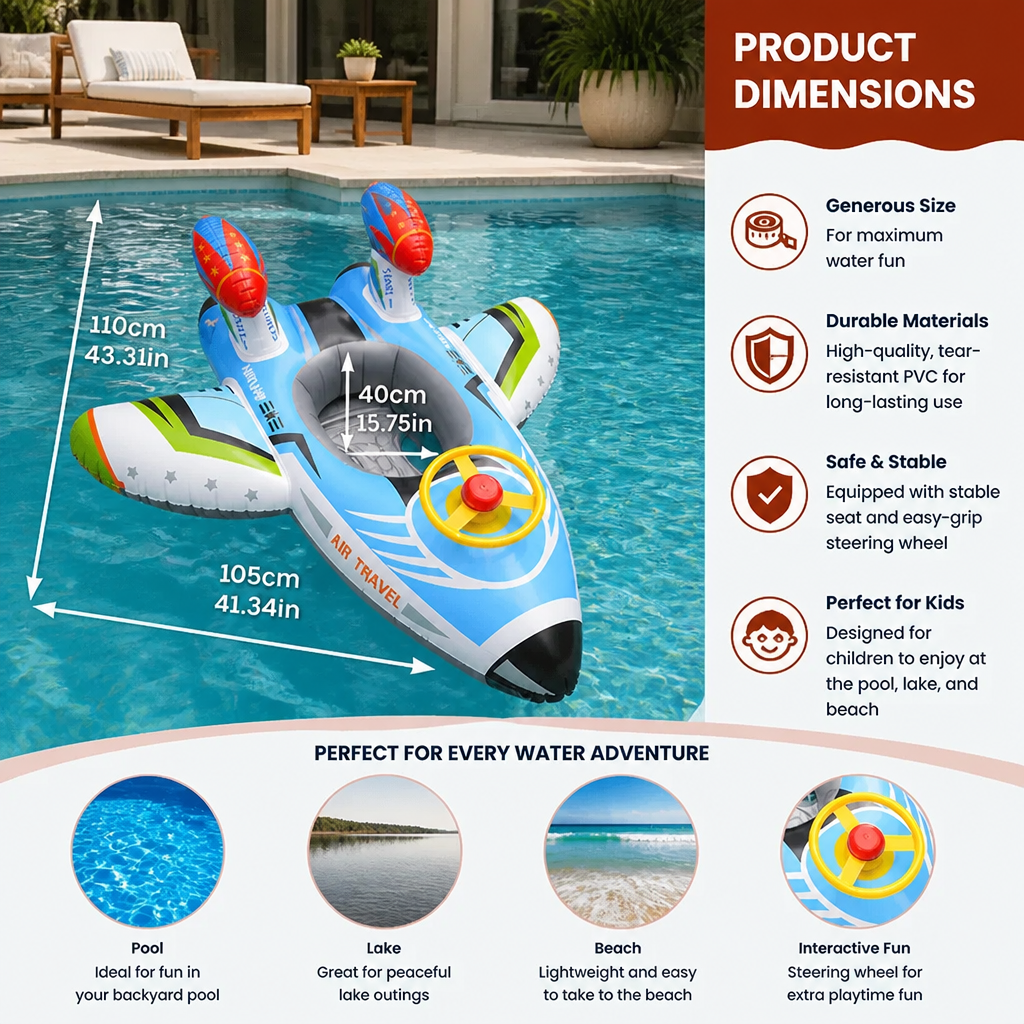 Inflatable Jet Fighter Pool Float with Seat & Steering Wheel