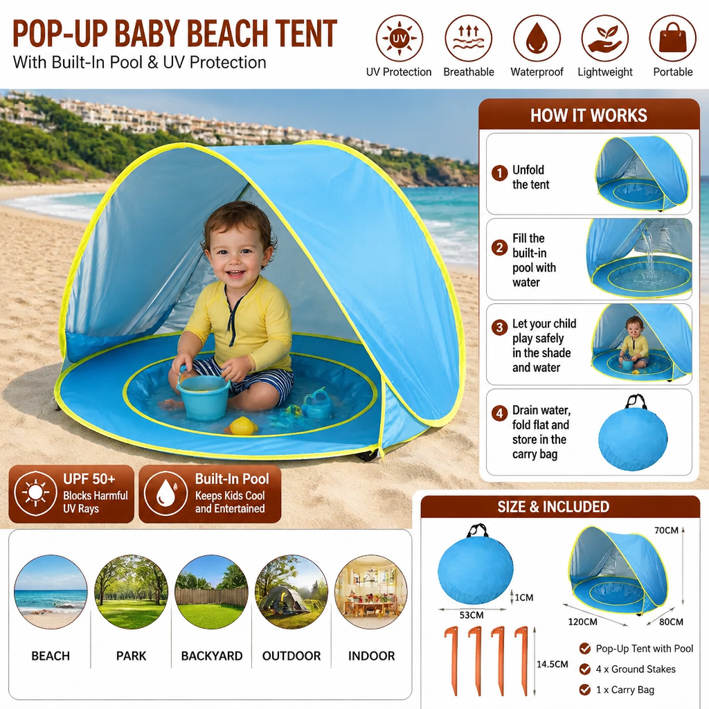 Pop-Up Baby Beach Tent with Built-In Pool & UV Protection – Portable Sun Shade for Kids
