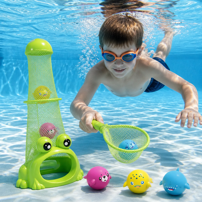 Frog Diving Pool Toy with Catch Net and Sea Animal Balls