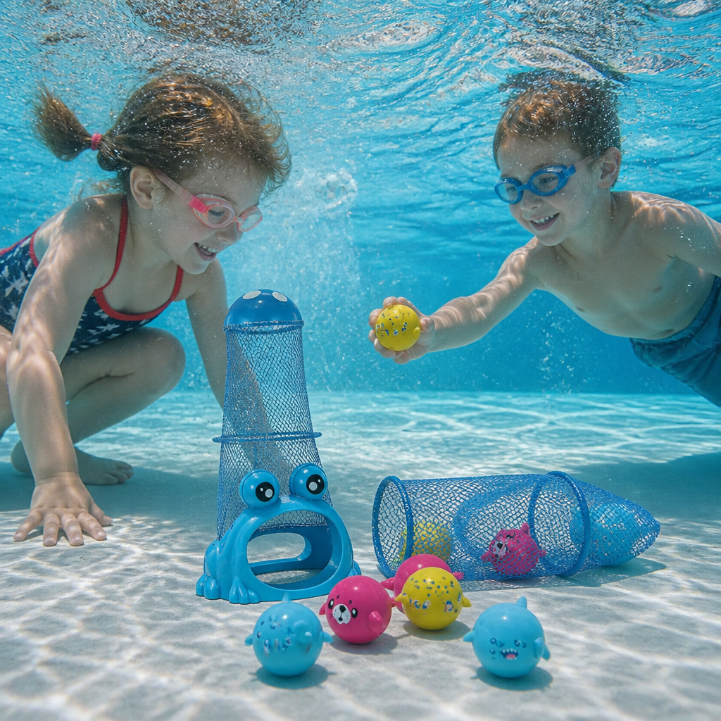 Frog Diving Pool Toy with Catch Net and Sea Animal Balls
