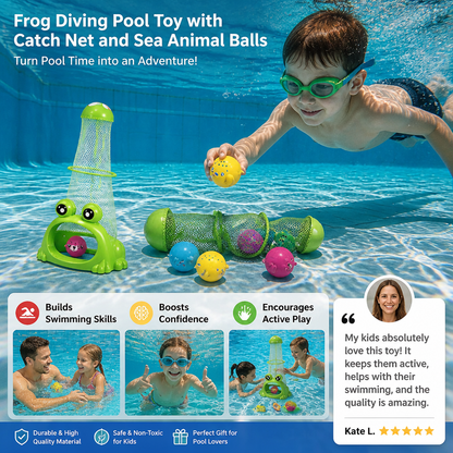 Frog Diving Pool Toy with Catch Net and Sea Animal Balls