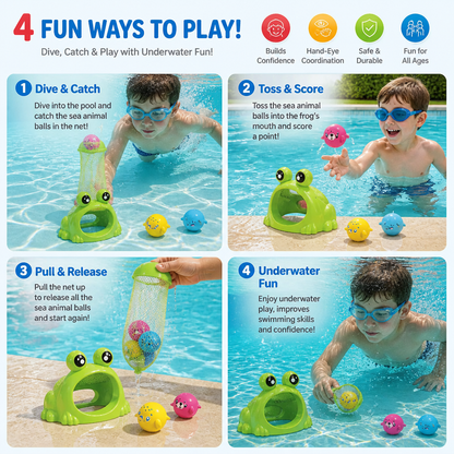 Frog Diving Pool Toy with Catch Net and Sea Animal Balls