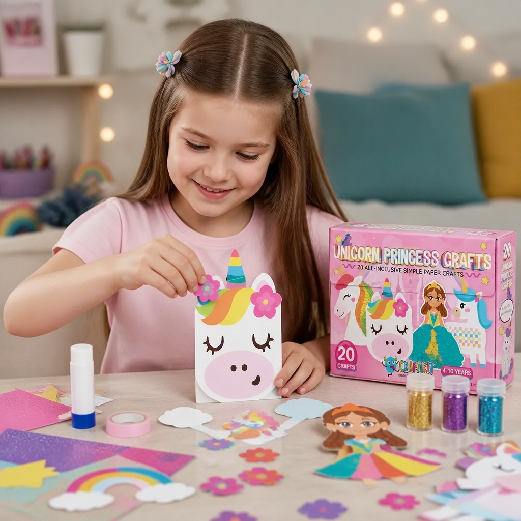 Kids Paper Crafts Box – 20 Easy DIY Arts & Crafts Projects for Ages 3–10 with Glue Stick, Tape & Envelopes