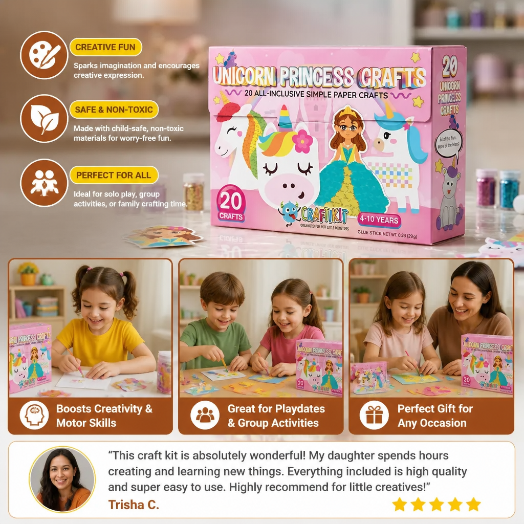 Kids Paper Crafts Box – 20 Easy DIY Arts & Crafts Projects for Ages 3–10 with Glue Stick, Tape & Envelopes