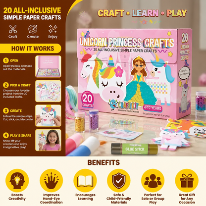 Kids Paper Crafts Box – 20 Easy DIY Arts & Crafts Projects for Ages 3–10 with Glue Stick, Tape & Envelopes