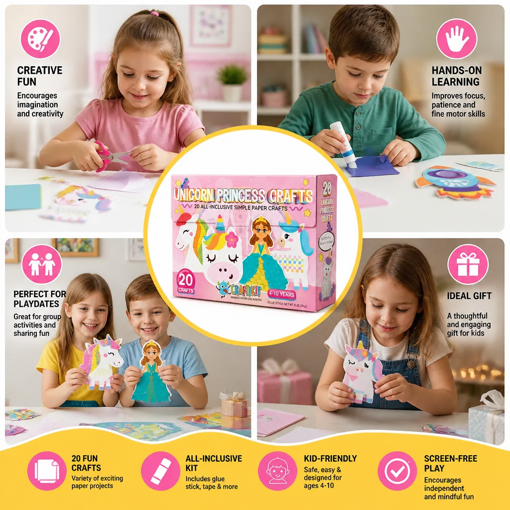 Kids Paper Crafts Box – 20 Easy DIY Arts & Crafts Projects for Ages 3–10 with Glue Stick, Tape & Envelopes