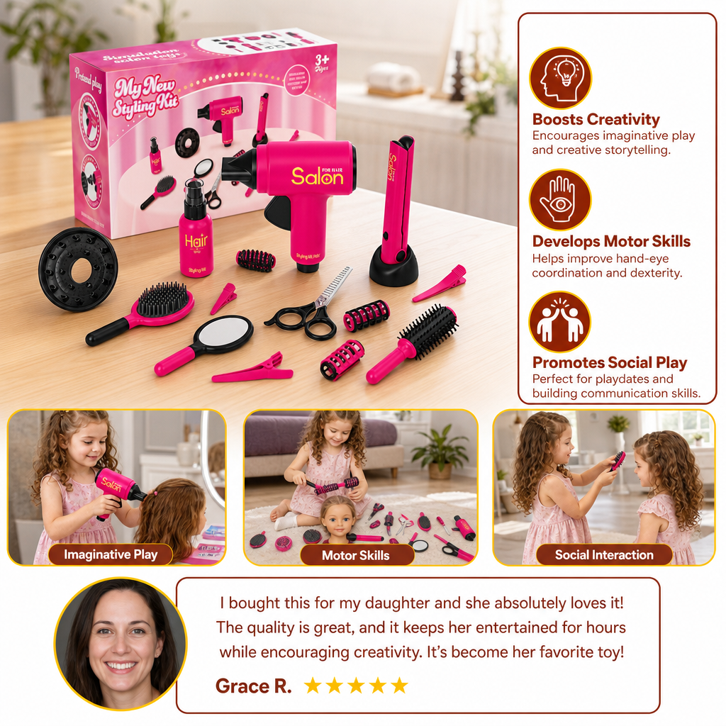 14-Piece Kids Hair Styling Salon Pretend Play Set