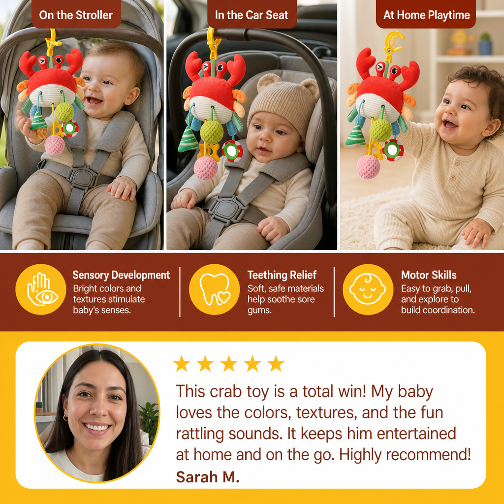 Crab Activity Toy with Pull Cord, Rattle & Teether for Babies