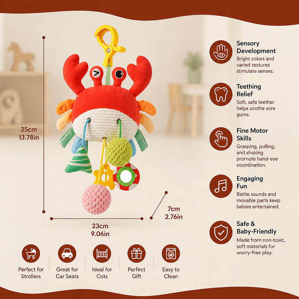 Crab Activity Toy with Pull Cord, Rattle & Teether for Babies