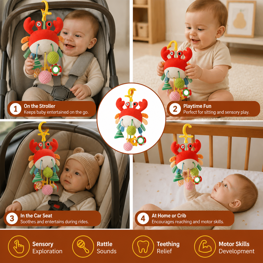 Crab Activity Toy with Pull Cord, Rattle & Teether for Babies