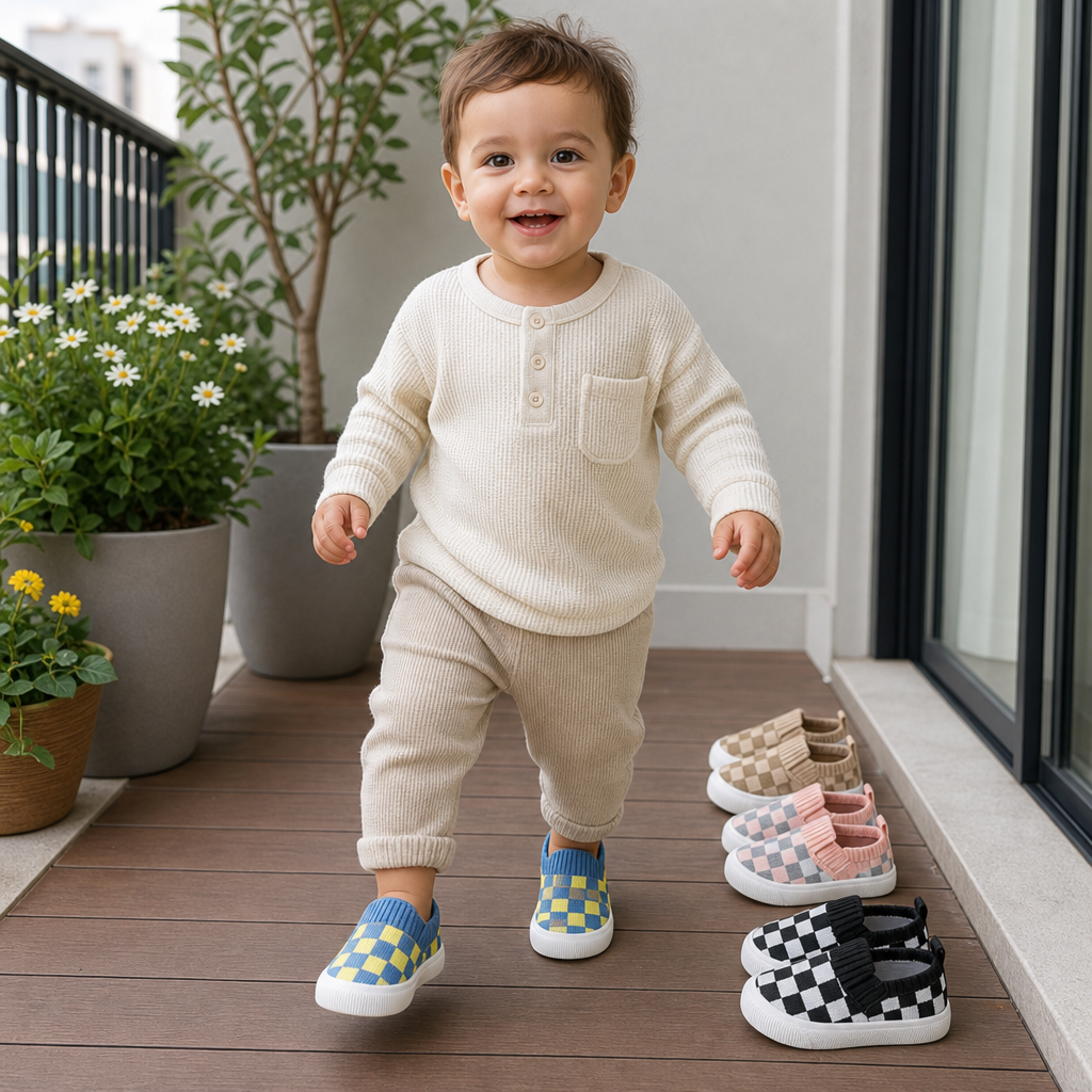 Checkered Lightweight Baby Walking Shoes with Soft, Non-Slip Soles