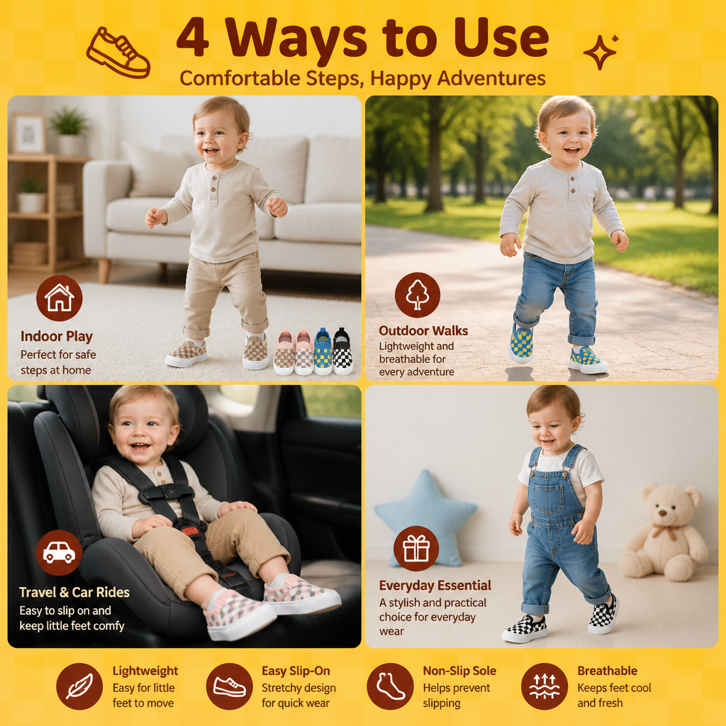 Checkered Lightweight Baby Walking Shoes with Soft, Non-Slip Soles