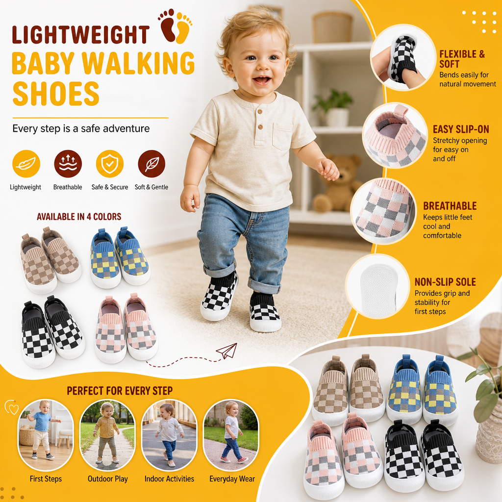 Checkered Lightweight Baby Walking Shoes with Soft, Non-Slip Soles