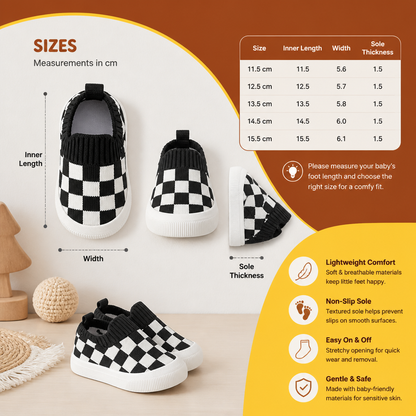 Checkered Lightweight Baby Walking Shoes with Soft, Non-Slip Soles