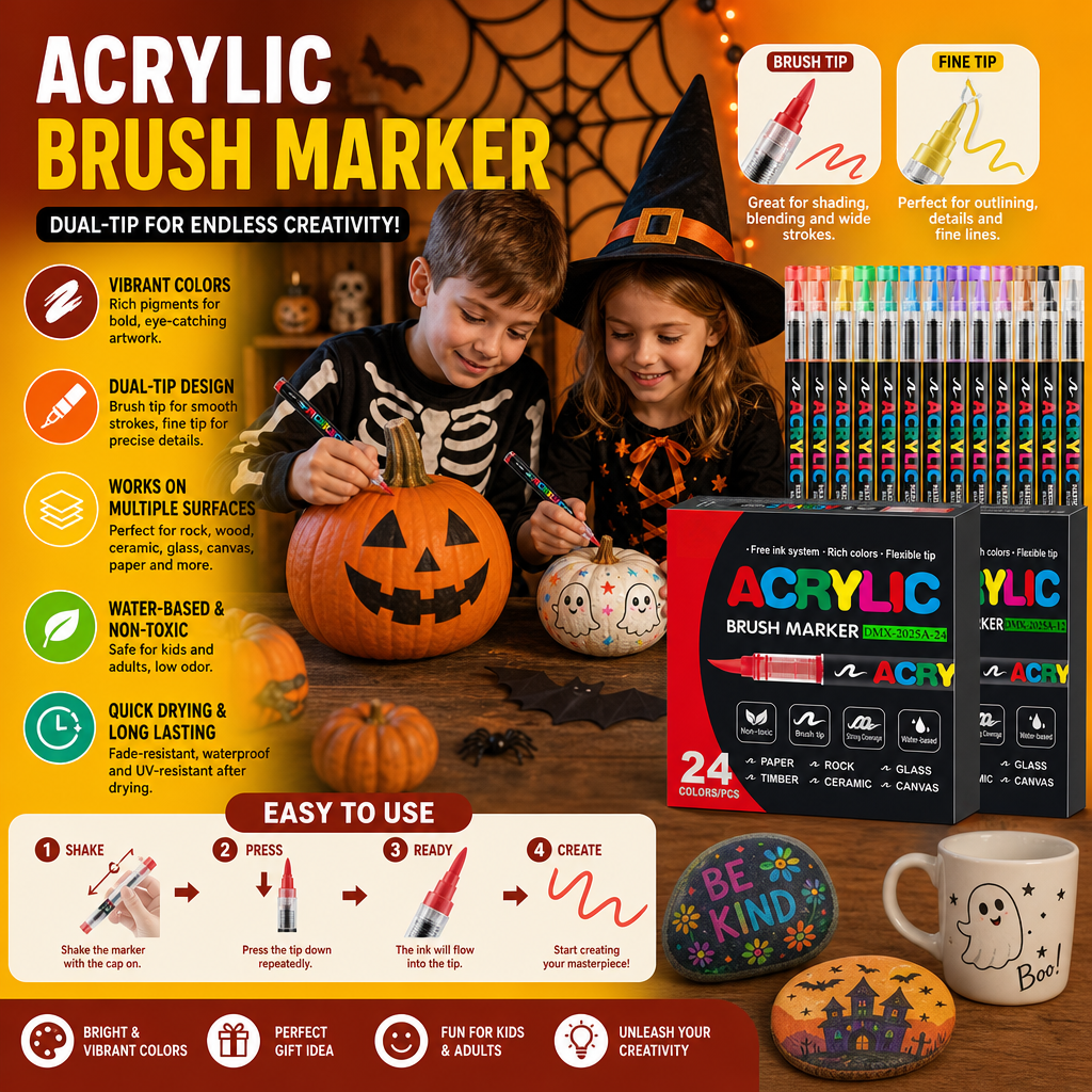 Dual-Tip Acrylic Paint Marker Set with Fine & Brush Tips