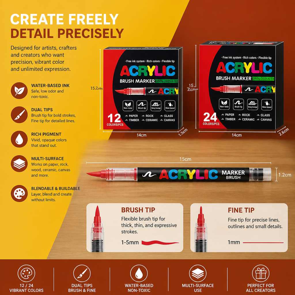 Dual-Tip Acrylic Paint Marker Set with Fine & Brush Tips