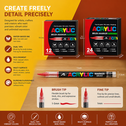 Dual-Tip Acrylic Paint Marker Set with Fine & Brush Tips