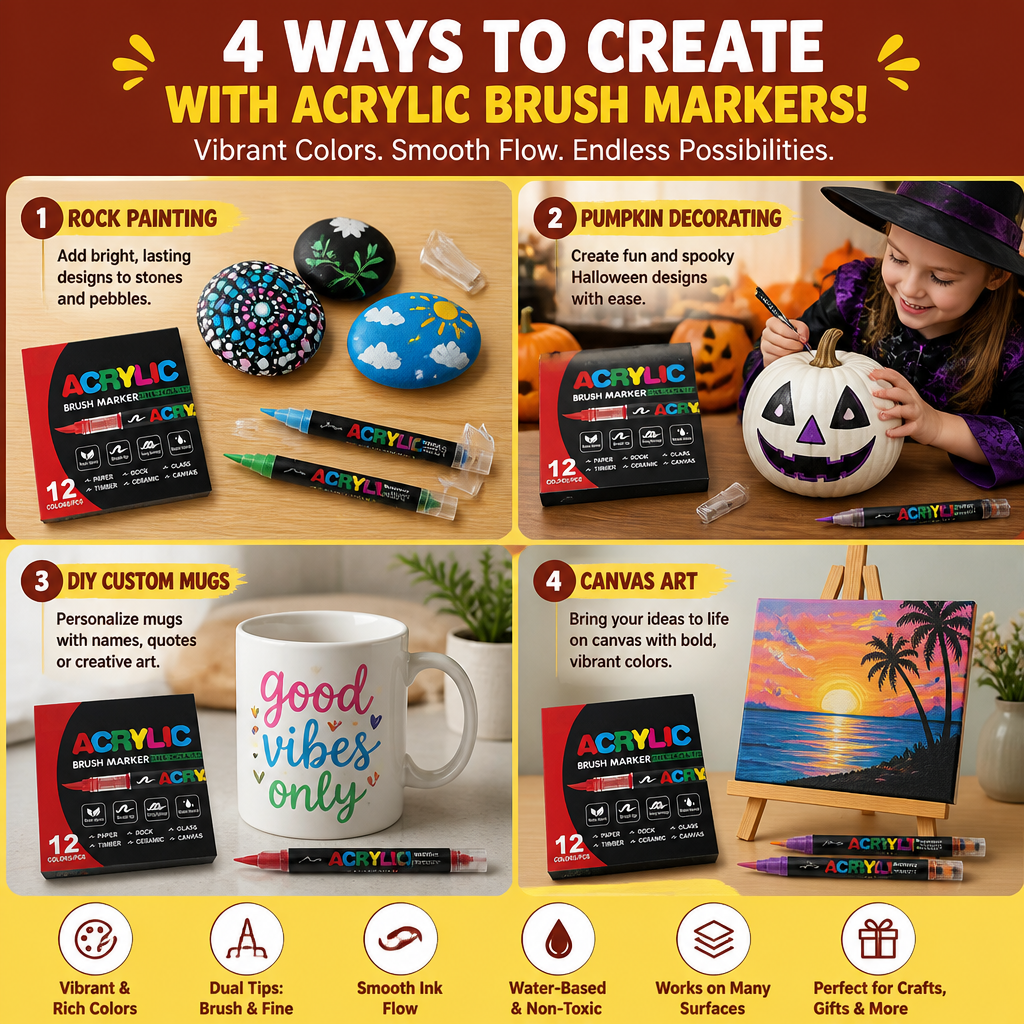 Dual-Tip Acrylic Paint Marker Set with Fine & Brush Tips