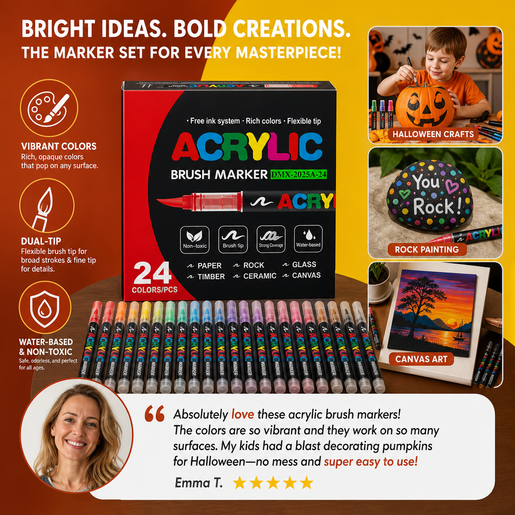 Dual-Tip Acrylic Paint Marker Set with Fine & Brush Tips