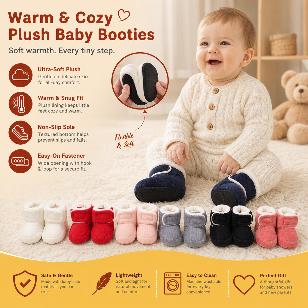 Warm & Cozy Plush Baby Booties with Soft, Non-Slip Soles