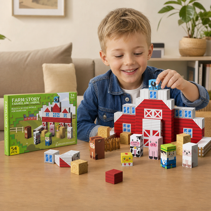 Farm Story Magnetic Building Blocks Travel Playset with Animals & Barn