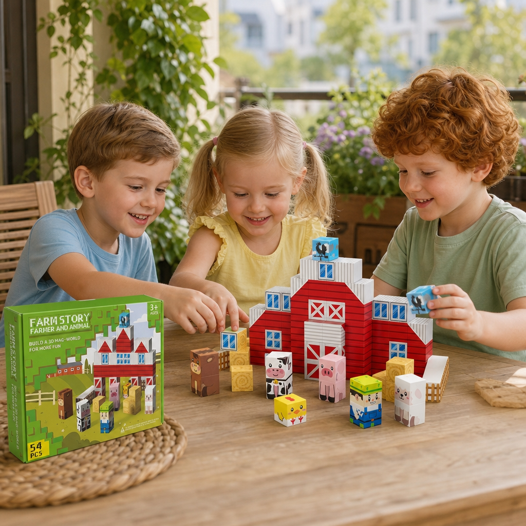 Farm Story Magnetic Building Blocks Travel Playset with Animals & Barn