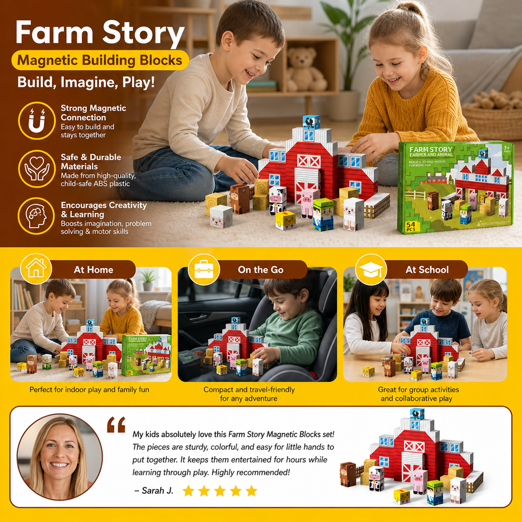 Farm Story Magnetic Building Blocks Travel Playset with Animals & Barn