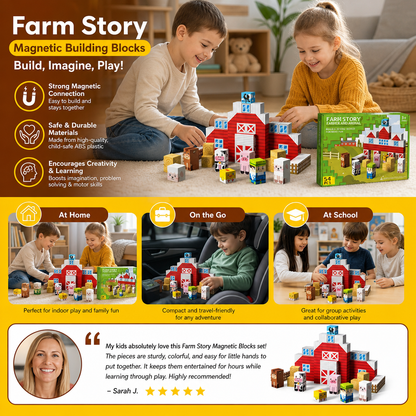 Farm Story Magnetic Building Blocks Travel Playset with Animals & Barn