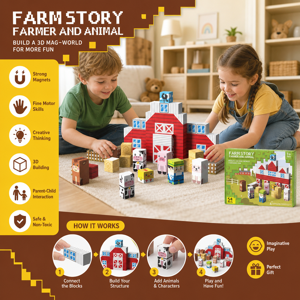 Farm Story Magnetic Building Blocks Travel Playset with Animals & Barn