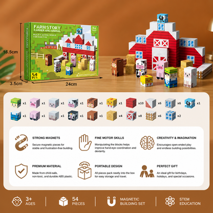 Farm Story Magnetic Building Blocks Travel Playset with Animals & Barn