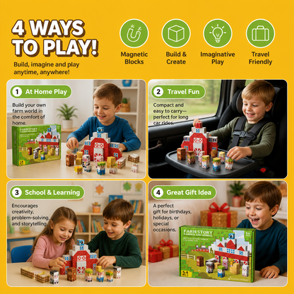 Farm Story Magnetic Building Blocks Travel Playset with Animals & Barn