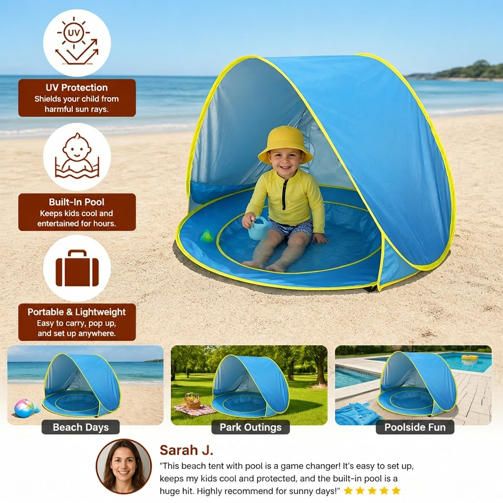 Pop-Up Baby Beach Tent with Built-In Pool & UV Protection – Portable Sun Shade for Kids