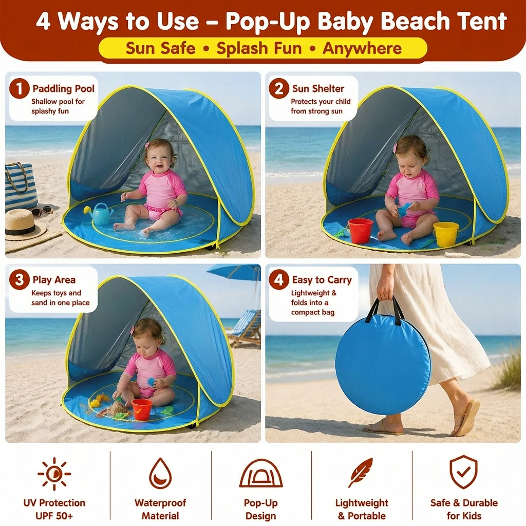 Pop-Up Baby Beach Tent with Built-In Pool & UV Protection – Portable Sun Shade for Kids