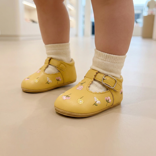 Floral Embroidered T-Strap Shoes