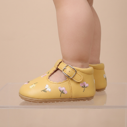Floral Embroidered T-Strap Shoes