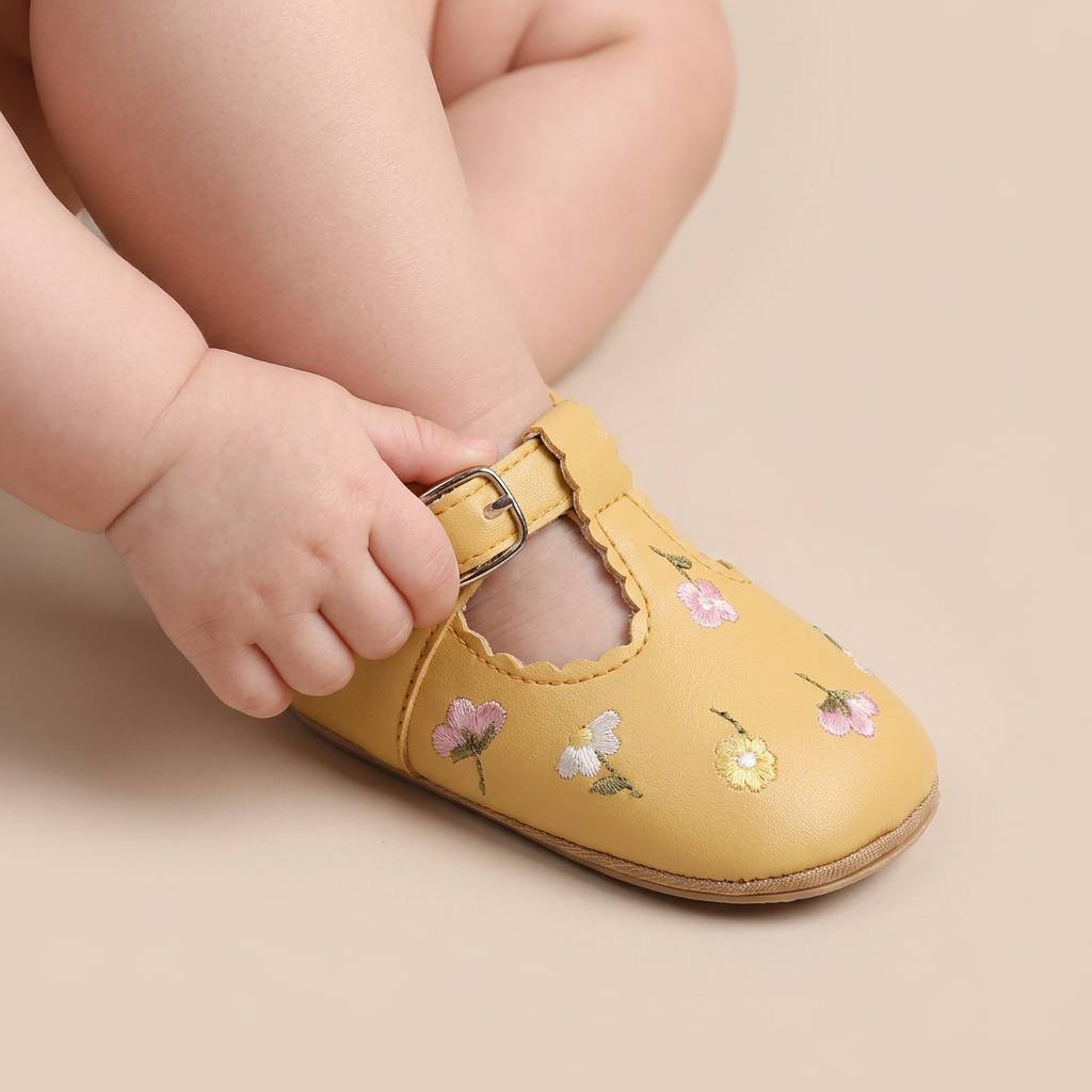 Floral Embroidered T-Strap Shoes