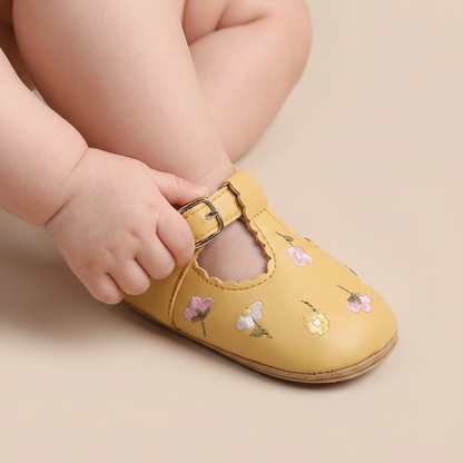 Floral Embroidered T-Strap Shoes