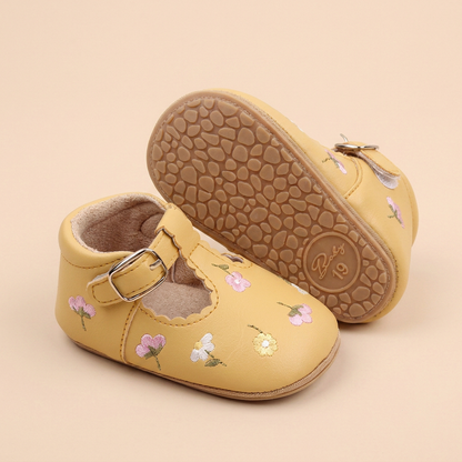 Floral Embroidered T-Strap Shoes